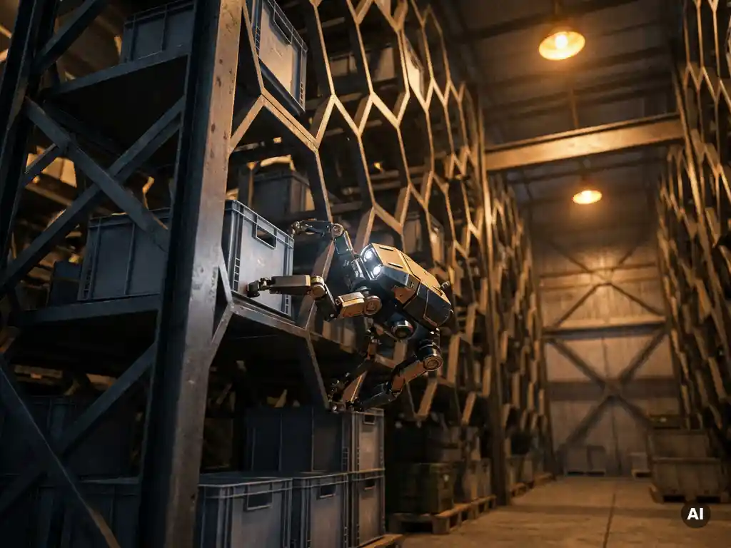 Hexxabot robot scanning a storage tote mid-climb inside a towering hexagonal warehouse grid with amber lighting casting honeycomb shadows.