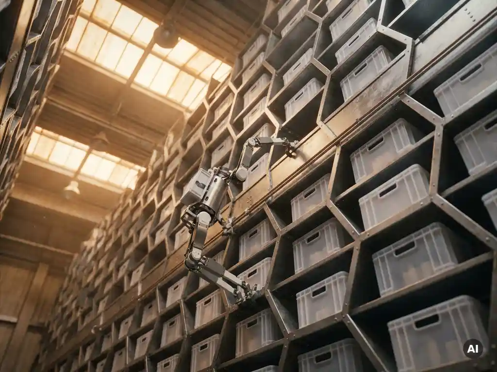 Hexxabot robot climbing a towering hexagonal warehouse storage grid filled with uniform totes under warm amber overhead lighting.