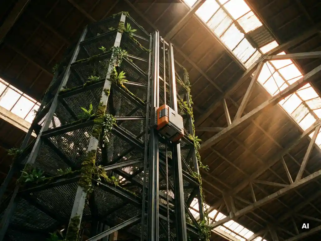 Moss-covered hexagonal warehouse storage tower with autonomous robot climbing its steel framework under golden skylight.