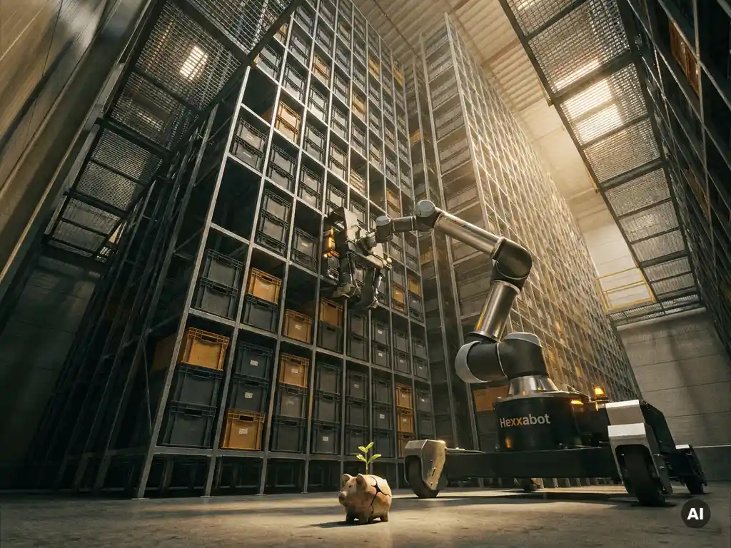 Hexxabot robot climbing a 16-meter hexagonal warehouse storage grid above a seedling sprouting from a cracked piggy bank on the concrete floor.