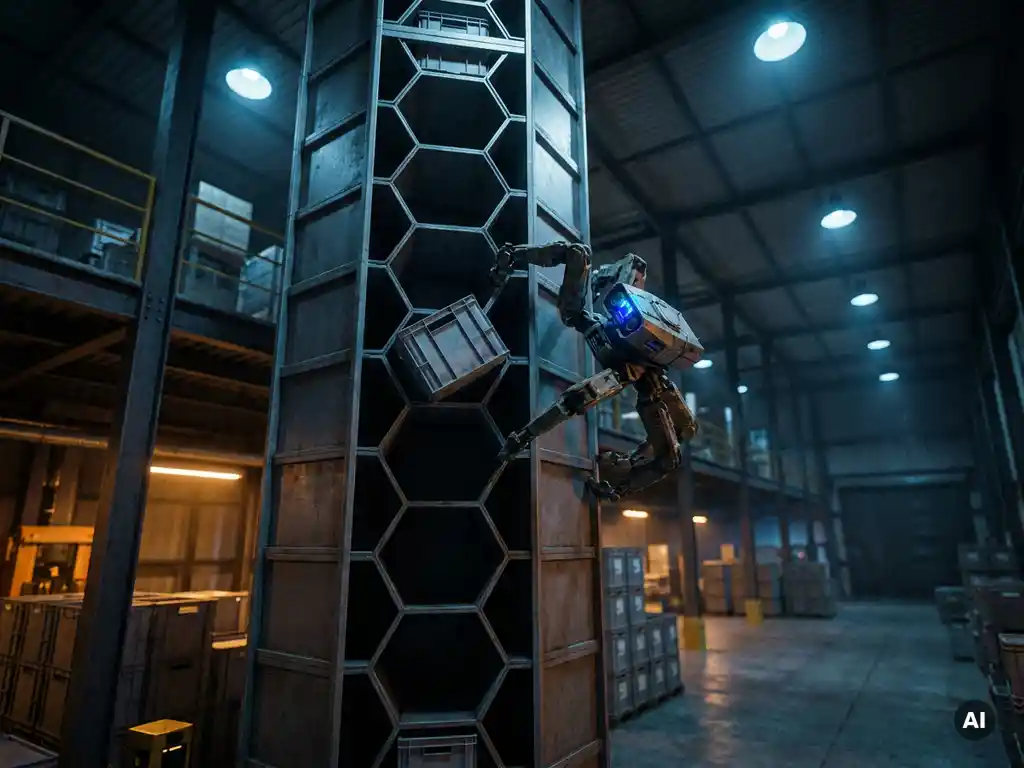Hexxabot robot paused on a hexagonal storage tower, sensors detecting a misaligned tote, vast warehouse fading into shadow under blue and amber lighting.