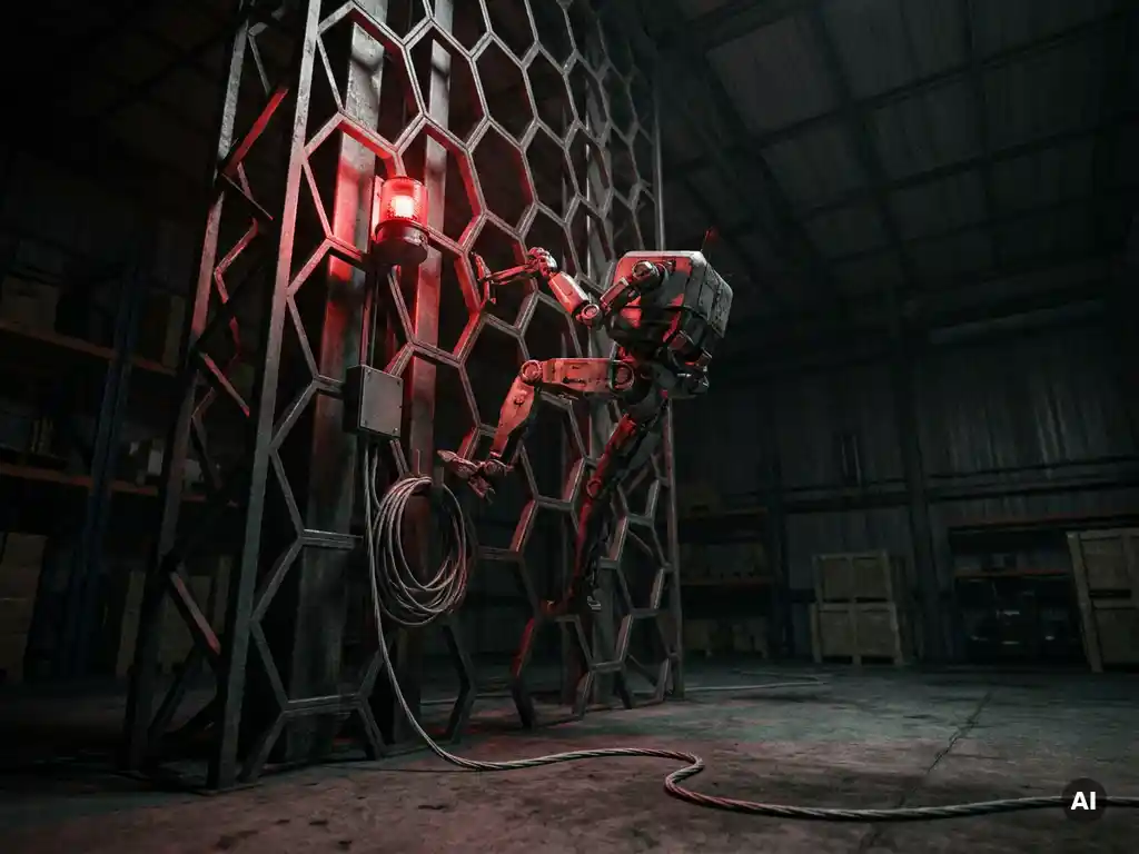 Hexxabot frozen mid-climb on a dark hexagonal storage tower, crimson warning light casting harsh shadows across honeycomb grid structure.
