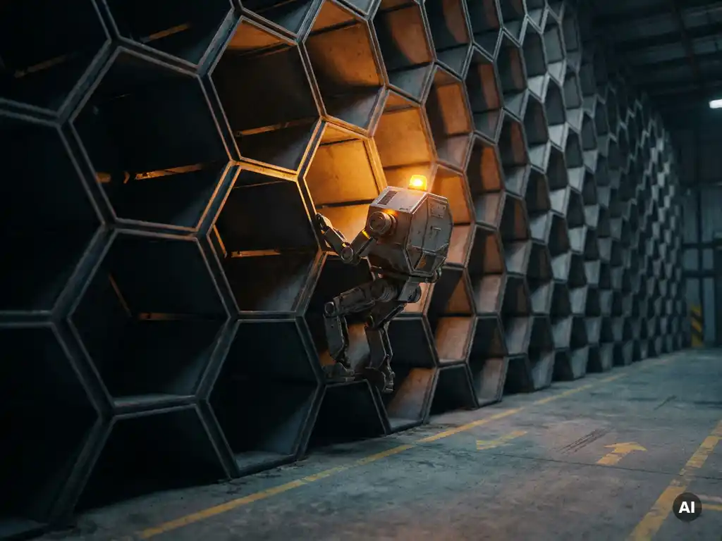 Hexxabot robot mid-climb on a towering hexagonal storage grid, amber warning light casting shadows across industrial steel structure.