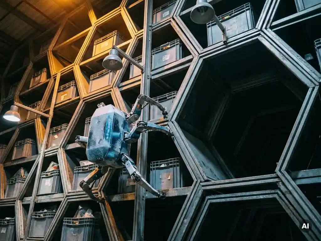 Hexxabot robot climbing a tall hexagonal warehouse storage grid with partially filled tote slots under cool blue and amber industrial lighting.