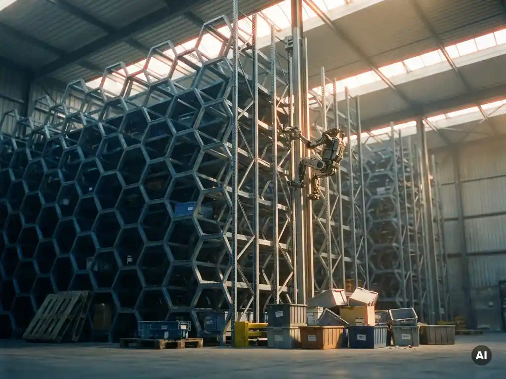 Hexxabot robot climbing a tall hexagonal warehouse storage grid bathed in amber skylight, with fulfilled totes at the base.