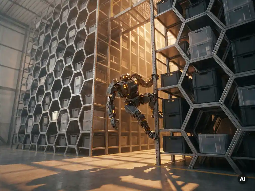 Hexxabot robot climbing a towering hexagonal warehouse storage grid, amber light casting honeycomb shadows across polished concrete floors.