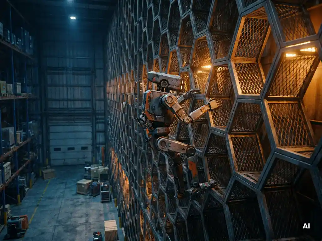 Hexxabot robot climbing a 16-meter hexagonal storage grid in a warehouse, lit by warm amber and cool industrial blue light.
