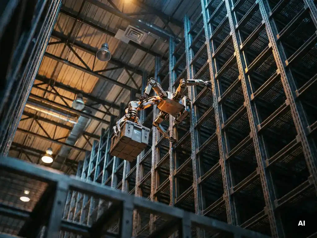 Hexxabot robot climbing a towering hexagonal storage grid while gripping a tote, shot from below to emphasize height and mechanical precision.