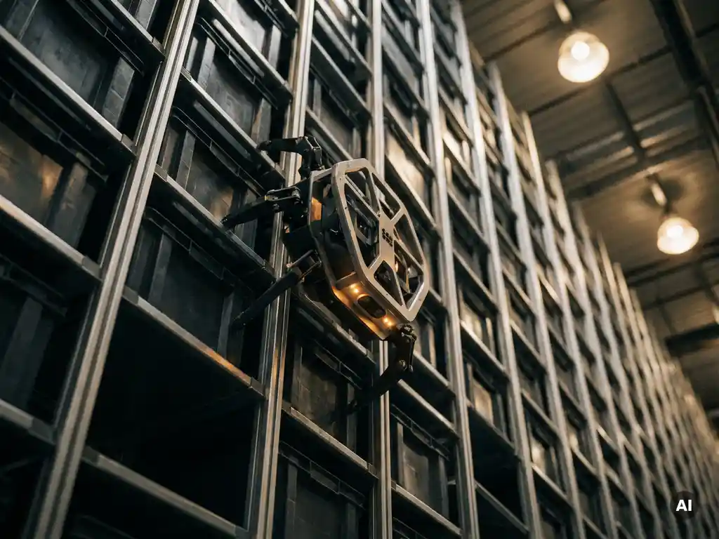 Hexxabot autonomous robot climbing a 16-meter hexagonal storage grid, amber sensor panel glowing against steel structure with organized totes receding behind it.