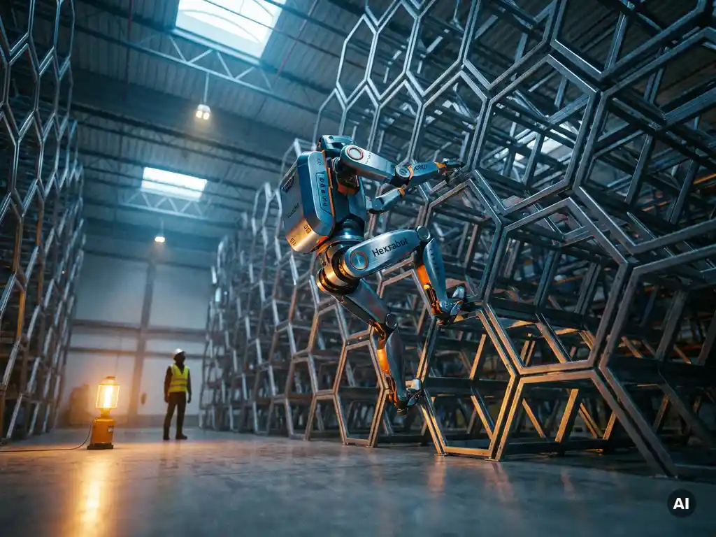 Hexxabot robot climbing a towering hexagonal warehouse storage grid while a worker observes below, highlighting scale contrast.