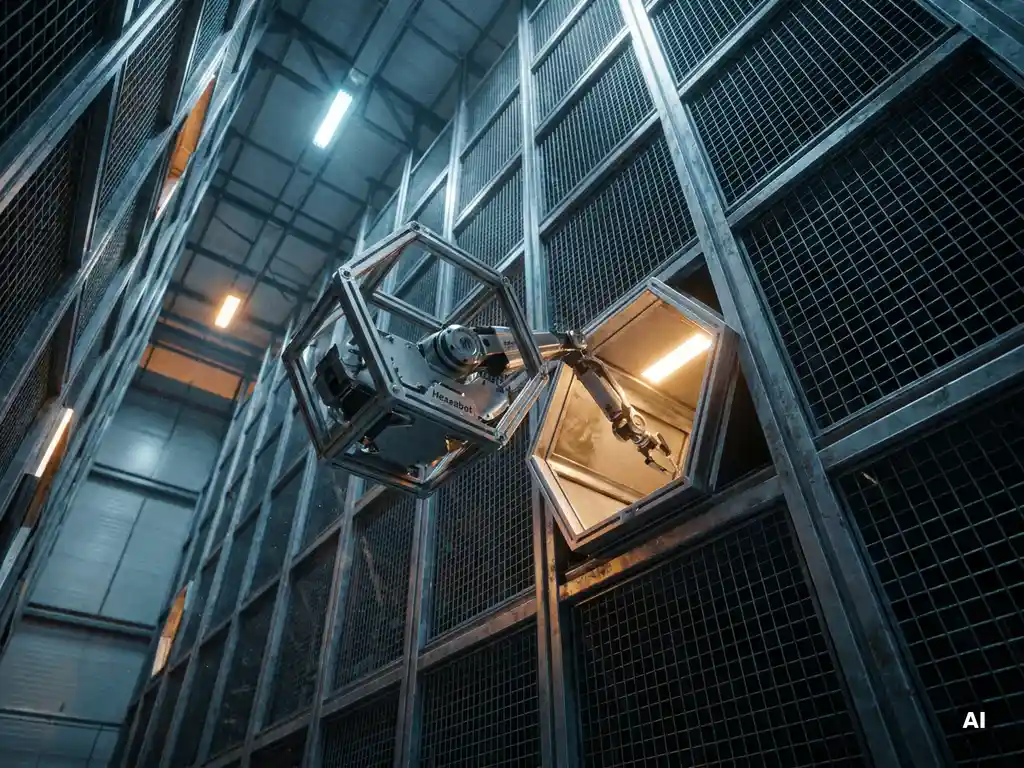 Hexxabot robot docking into a hexagonal storage cell in a towering 16-meter vertical warehouse grid with steel blue and amber lighting.