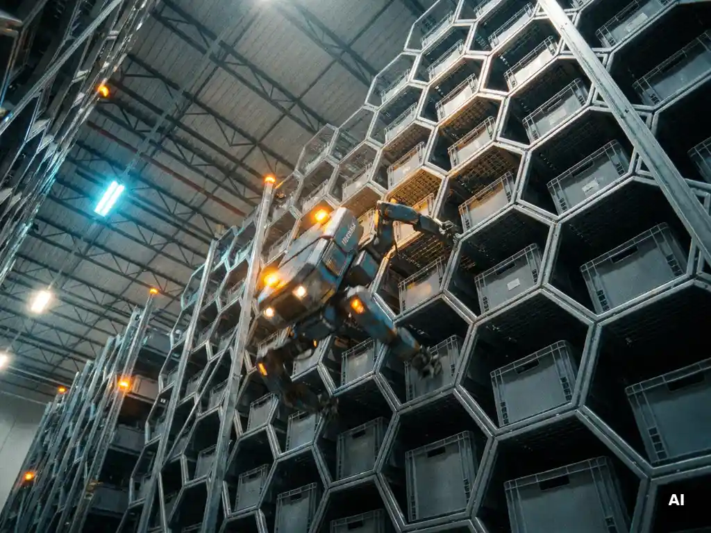 Hexxabot robot climbing a hexagonal vertical storage grid with honeycomb totes, shot from below in a blue and amber-lit industrial warehouse.