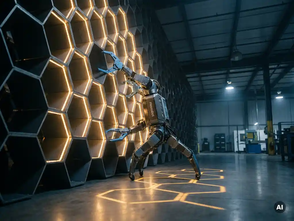 Hexxabot robot climbing a towering hexagonal warehouse storage grid, amber LED strips illuminating the honeycomb structure with golden geometric light.