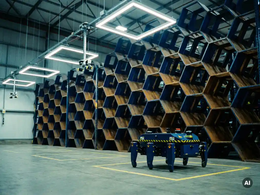 Hexxabot autonomous mobile robot at the base of a towering hexagonal warehouse storage grid with yellow safety floor markings and overhead sensor arrays.
