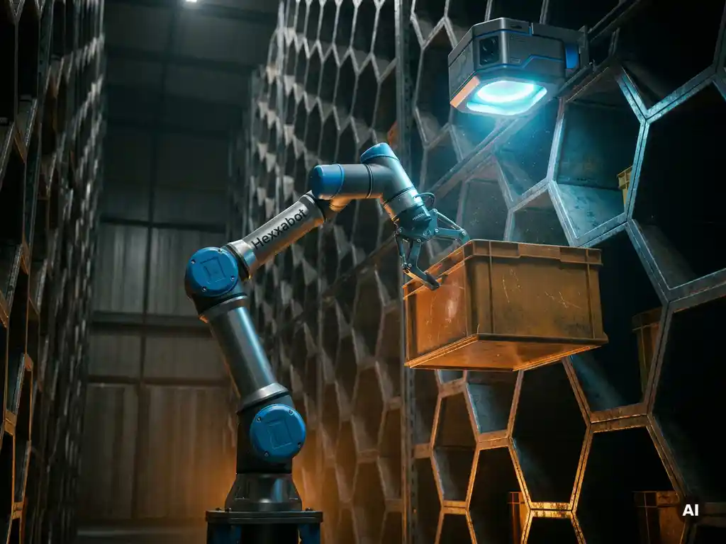Hexxabot robotic arm mid-retrieval inside a hexagonal warehouse storage grid, illuminated by blue scanning light from an overhead camera sensor.