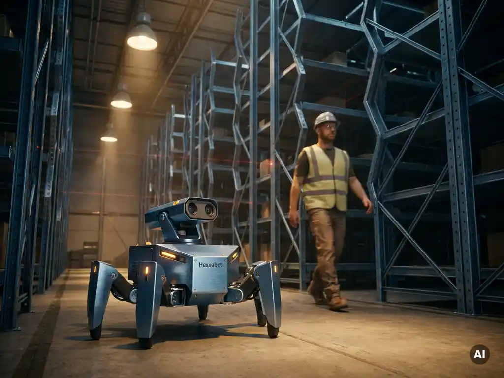 Hexxabot autonomous robot pausing mid-aisle beside a warehouse worker, hexagonal vertical storage grid towering in the background.