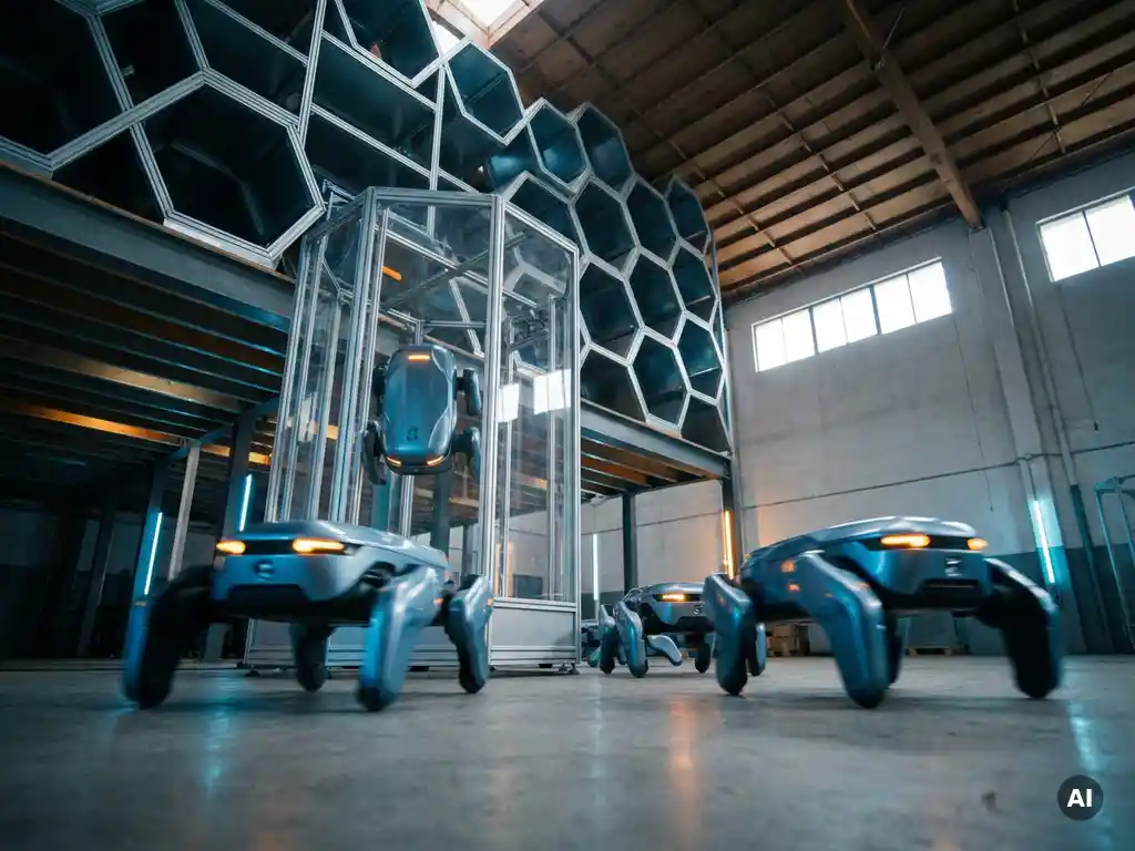 Autonomous Hexxabots converging beneath a towering hexagonal storage grid in a vast industrial warehouse with steel blue and amber lighting.