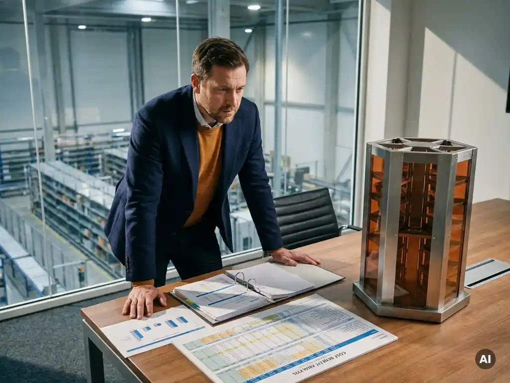 Procurement manager reviewing cost-benefit analysis documents beside a hexagonal robotic storage tower model in a modern office overlooking a warehouse.