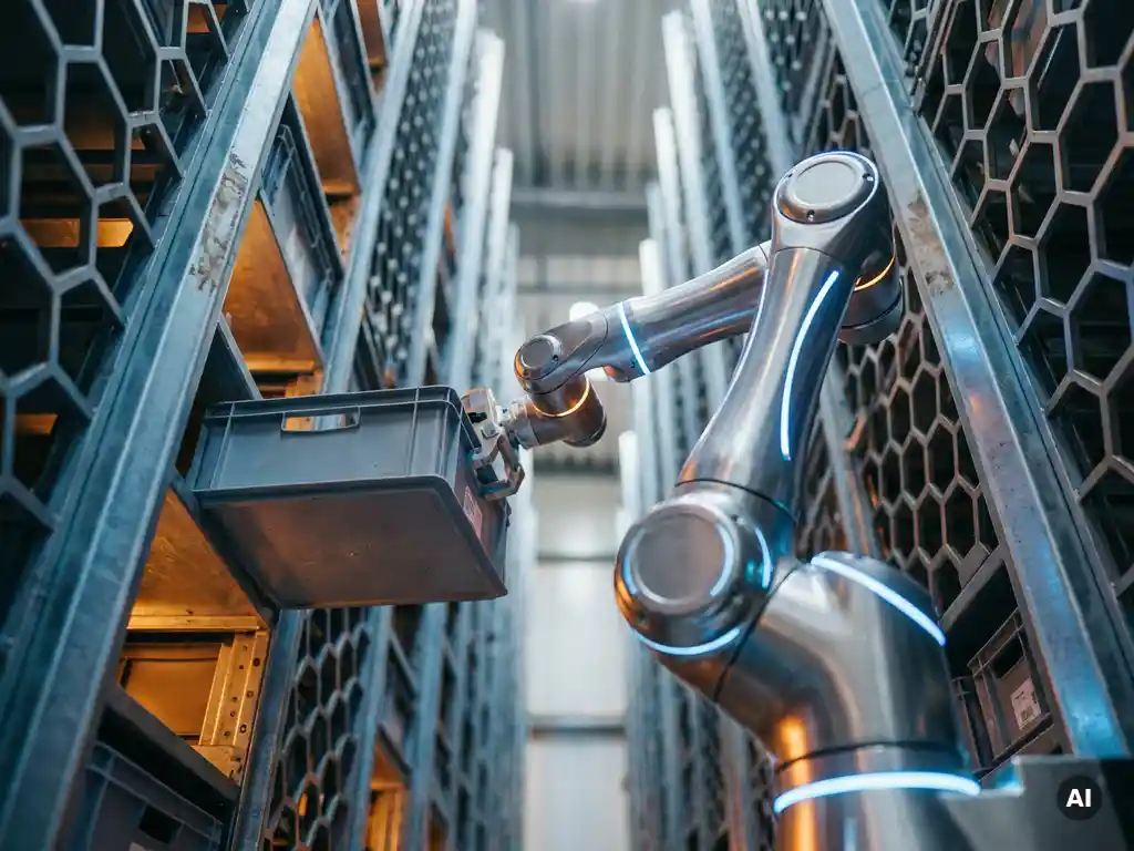 Autonomous robot arm gripping a storage tote inside a towering hexagonal warehouse grid with steel blue and amber industrial lighting.