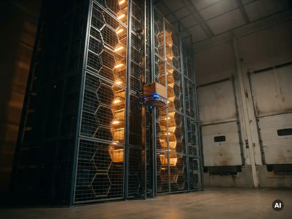 Autonomous robot climbing a hexagonal robotic storage tower inside a warehouse, with honeycomb-patterned cells lit by warm amber industrial lighting.