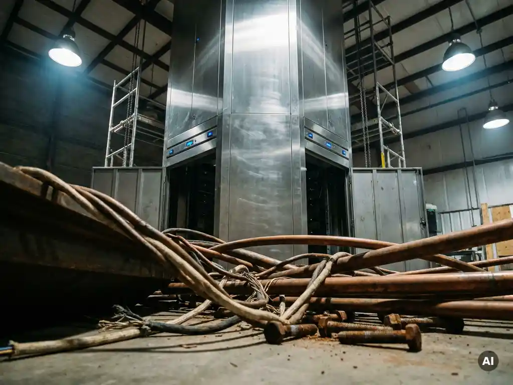 Copper pipes, frayed cables, and rusted bolts exposed beneath a hexagonal robotic storage tower during warehouse installation.