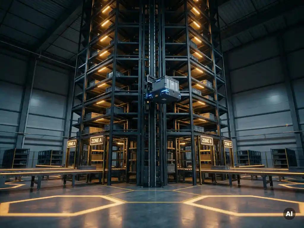 Autonomous robot climbing a hexagonal warehouse storage tower with conveyor lines branching to dispatch zones under warm amber industrial lighting.