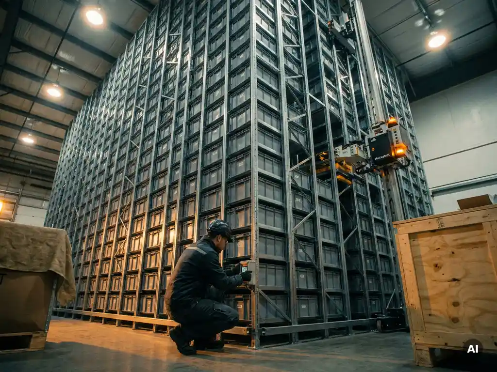 Warehouse engineer crouching beside a tall hexagonal storage grid with a robotic climber ascending the vertical tower under warm amber industrial lighting.