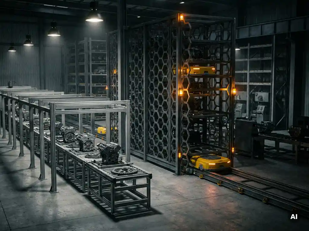 Rigid mechanical assembly line beside a hexagonal robotic storage grid with autonomous robots in a warehouse lit by warm amber industrial overhead lighting.