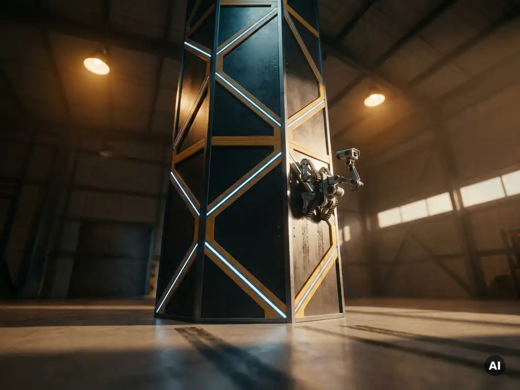 Autonomous robot climbing a tall hexagonal storage tower inside a warehouse, lit by warm amber industrial lighting with dramatic shadows.