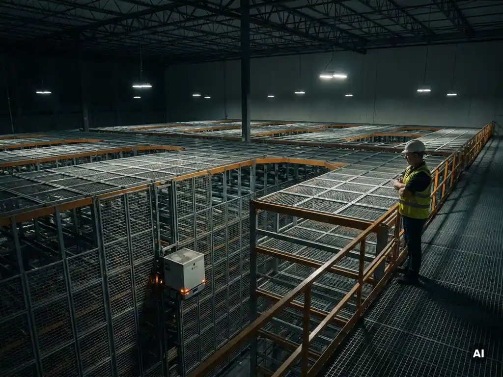 Warehouse manager on elevated platform overseeing an autonomous robot navigating a towering hexagonal robotic storage grid.