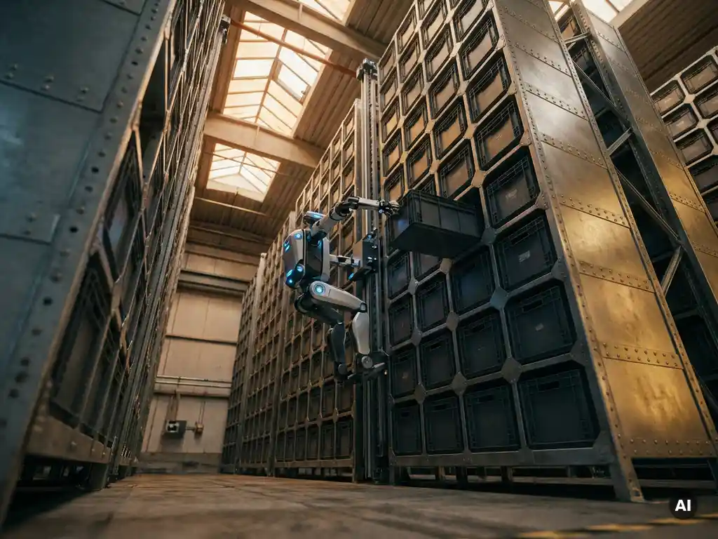 Autonomous robot climbing a tall hexagonal warehouse storage grid to retrieve a tote, shot from a dramatic low angle under amber skylight.