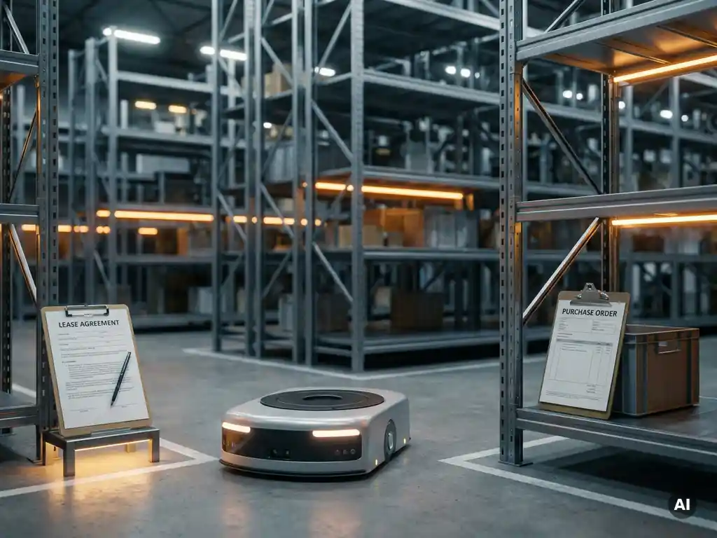 Autonomous warehouse robot at a crossroads between a lease contract and a purchase order inside a towering hexagonal storage grid.