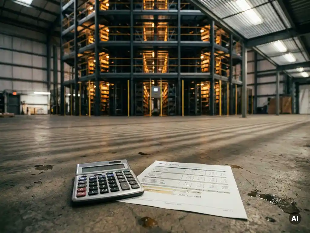 Calculator and ROI spreadsheet on a warehouse floor with a hexagonal robotic storage grid in the background.
