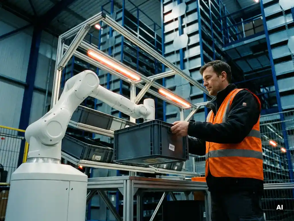 Warehouse worker in high-visibility vest receiving a tote from an autonomous robot, with a towering hexagonal storage grid behind them.