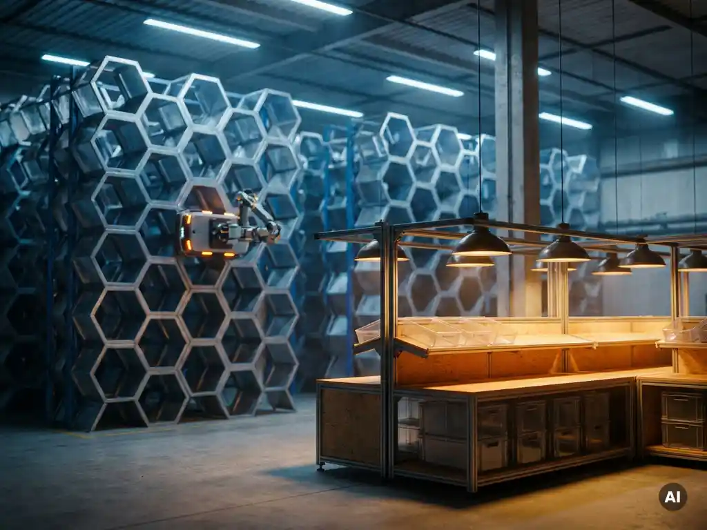 Autonomous robot climbing hexagonal vertical storage towers in a modern warehouse with a low pick station in the foreground.