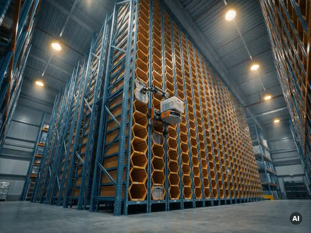 Autonomous robot climbing a 16-meter hexagonal warehouse storage grid, retrieving a tote from honeycomb shelving under warm amber and steel blue lighting.