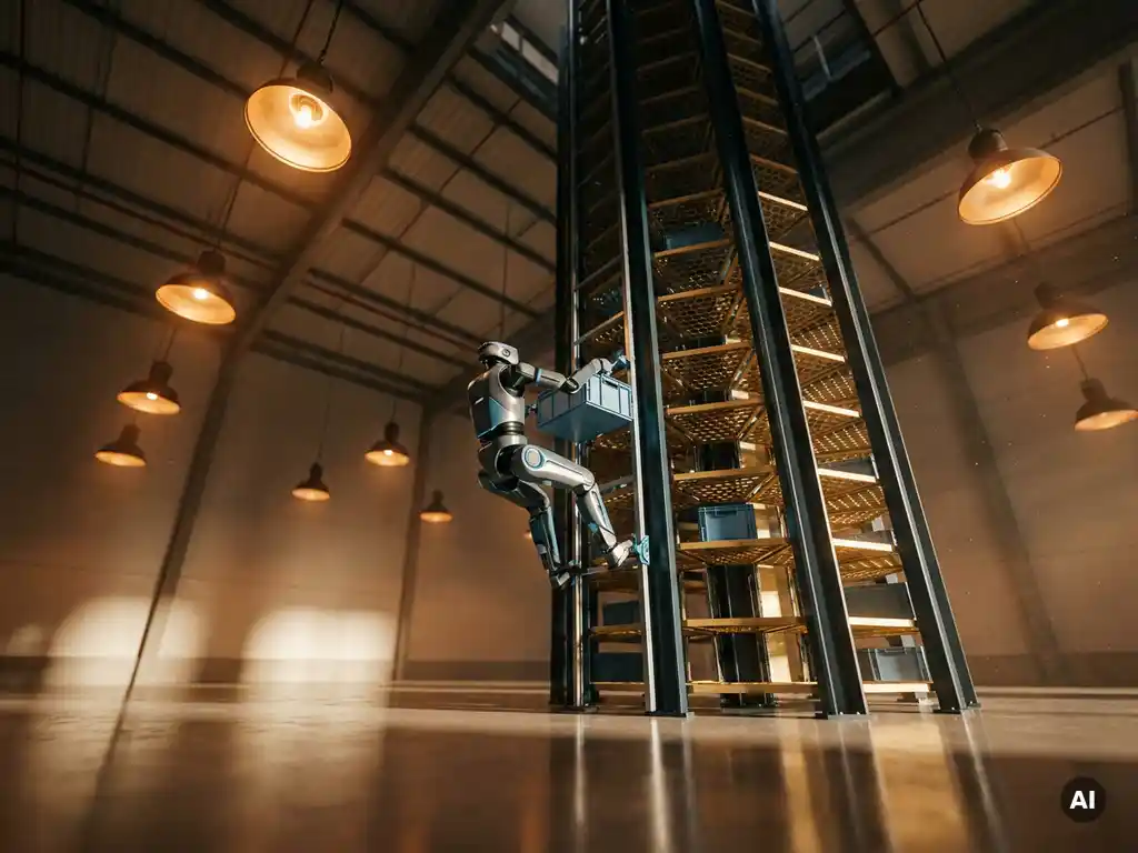 Autonomous robot climbing a tall hexagonal vertical storage tower in a modern warehouse with amber industrial lighting.