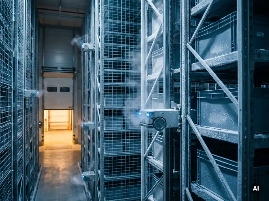 Frost-covered hexagonal storage grid towering inside a cold warehouse, autonomous robots climbing vertical towers amid icy vapor trails and amber loading bay light.