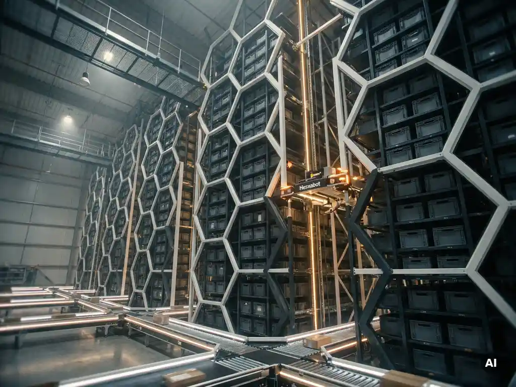Hexxabot autonomous robot climbing a towering hexagonal warehouse storage grid with honeycomb cells and fulfillment conveyors below.