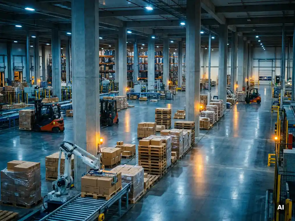 Palletized goods moving along outbound conveyors in a modern cross-docking warehouse with dramatic overhead lighting and hexagonal columns.