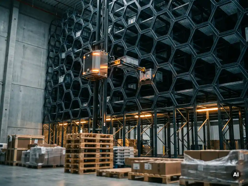 Autonomous robot climbing a 16-meter hexagonal warehouse storage grid, retrieving a tote above stacked pallets in amber-lit industrial facility.