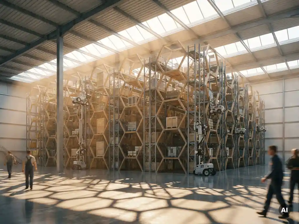 Autonomous robots climbing a 16-meter hexagonal storage grid in a sunlit warehouse with honeycomb shadows on polished concrete.