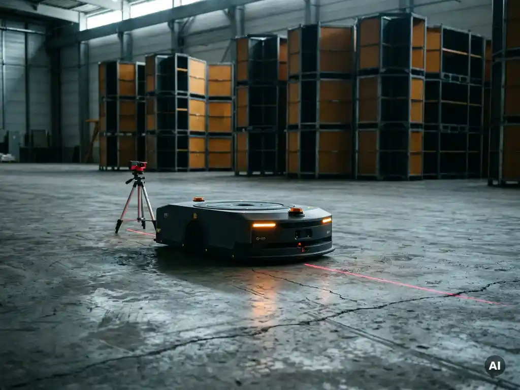 Autonomous warehouse robot paused on uneven concrete floor, red laser level line visible, hexagonal storage towers in background.