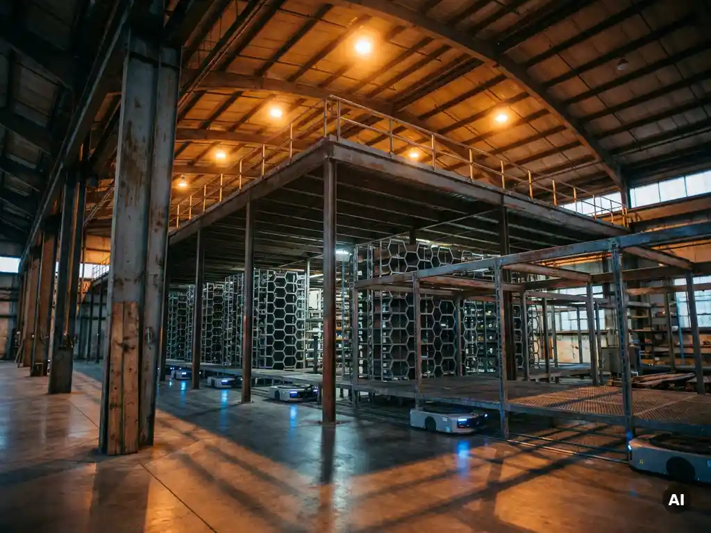 Autonomous robots navigating hexagonal storage towers inside a vast warehouse, with amber floodlights casting shadows across polished concrete floors.