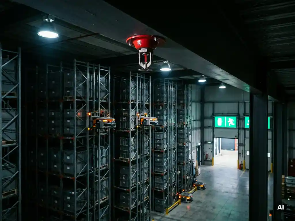Fire sprinkler head above a hexagonal warehouse storage grid with autonomous robots paused on honeycomb towers and glowing emergency exit signs.