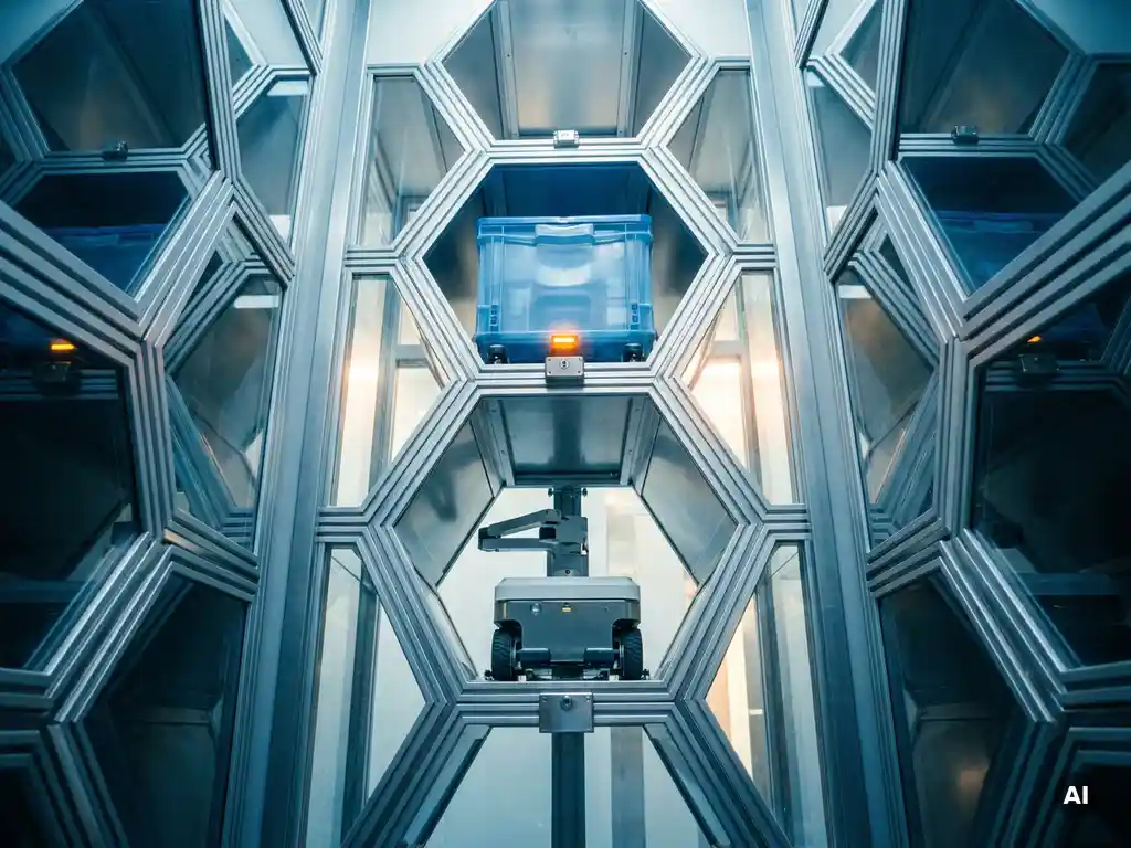 Autonomous robot retrieving a sealed pharmaceutical tote from a towering hexagonal automated storage system with amber accent lighting.