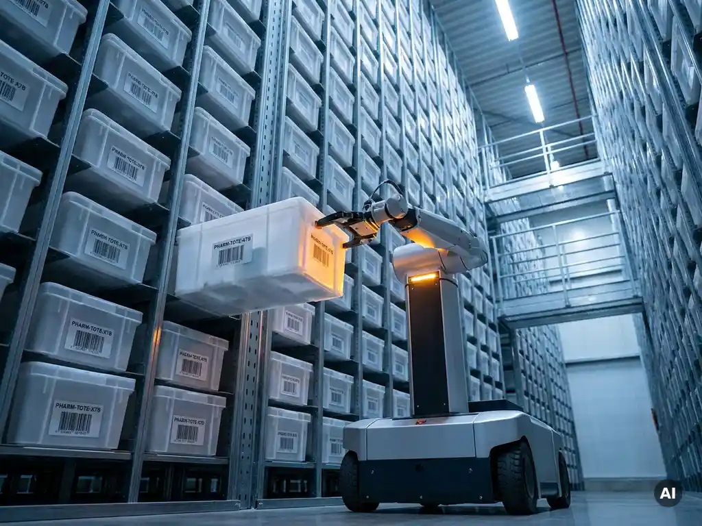 Autonomous robot retrieving a labeled pharmaceutical tote from a towering hexagonal storage grid in a sterile warehouse.