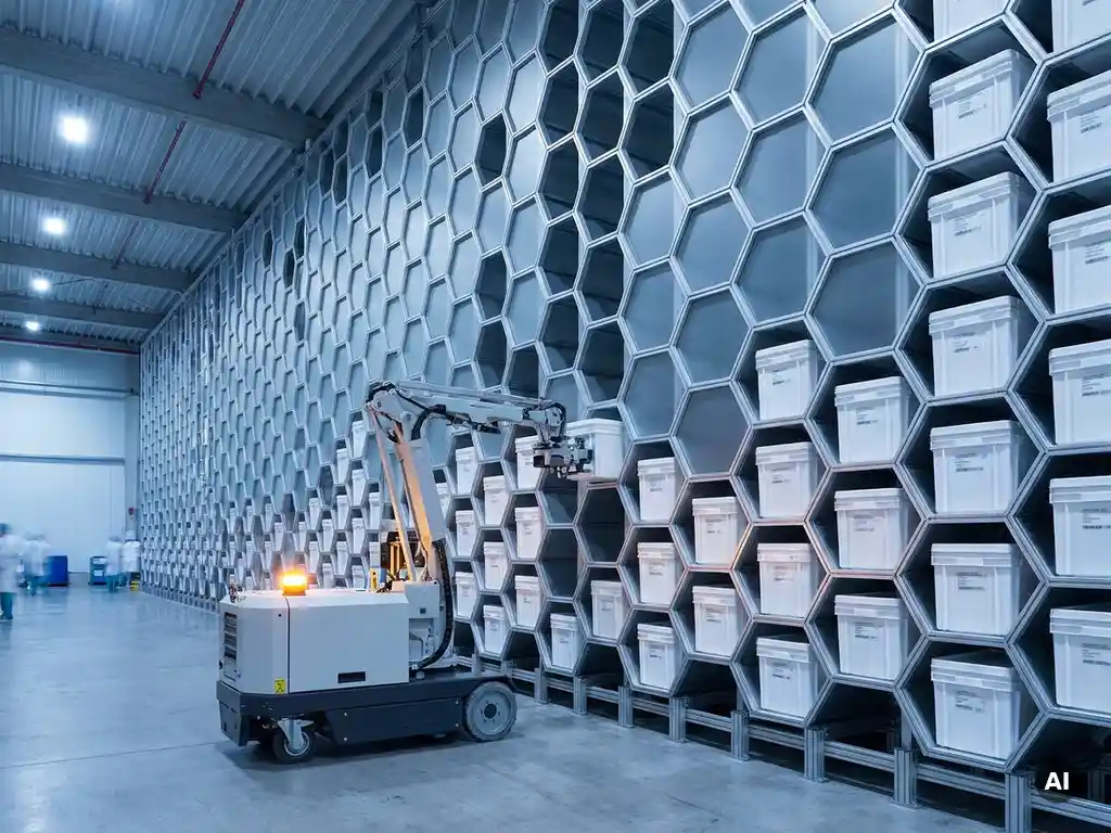 Autonomous warehouse robot retrieving a pharmaceutical tote from a floor-to-ceiling hexagonal storage grid in a sterile blue-lit facility.