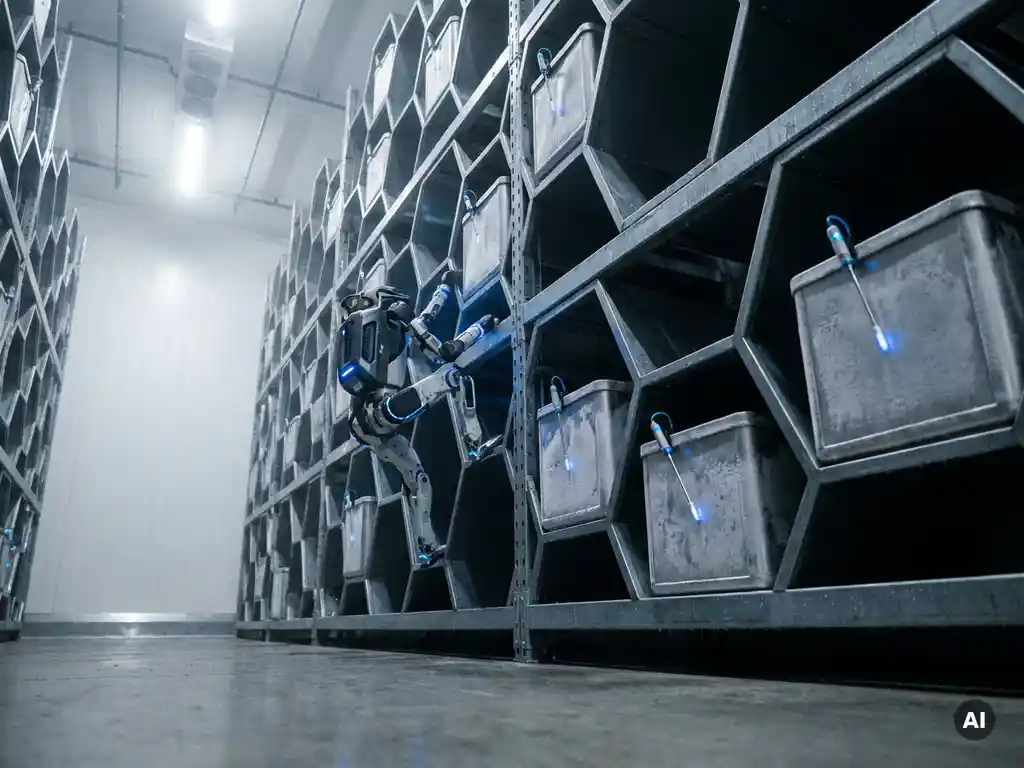 Autonomous robot scaling a 16-meter hexagonal storage grid in a pharmaceutical warehouse, with temperature sensors on cold metal totes and condensation on steel surfaces.