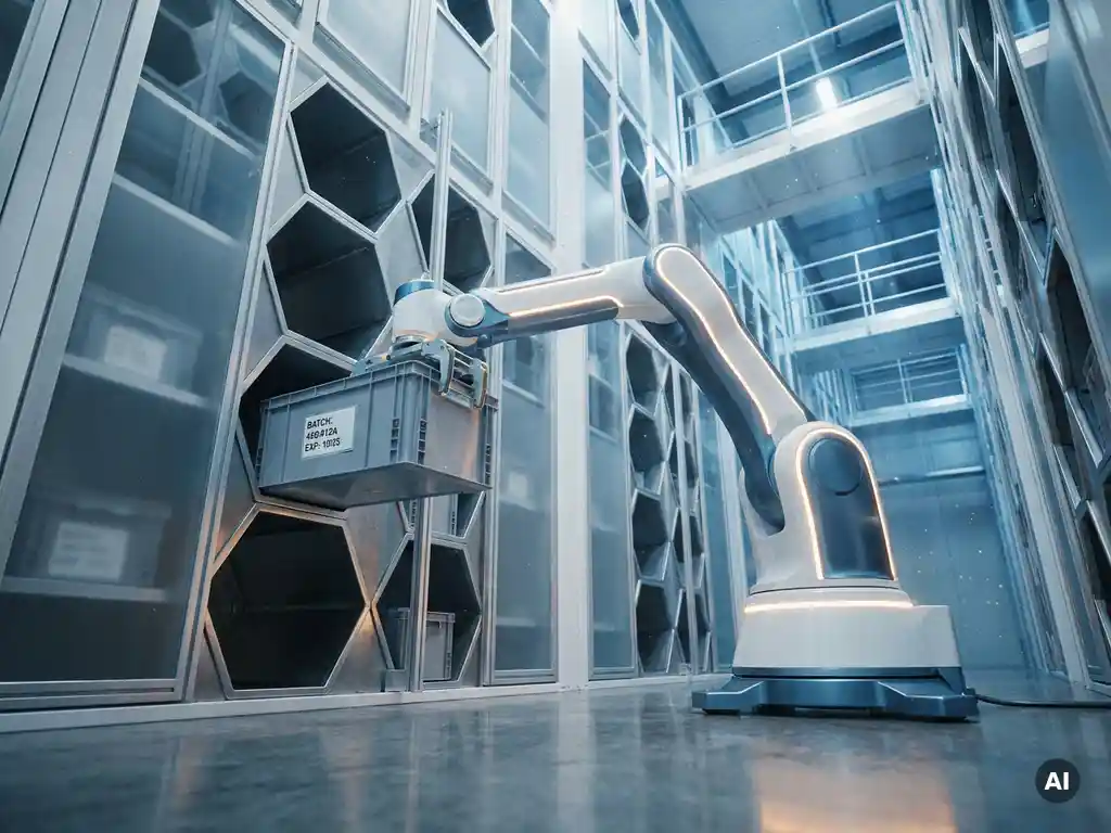 Autonomous robot loading a labeled pharmaceutical tote into a hexagonal warehouse storage cell in a sterile clinical facility.